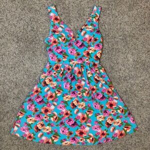 OBOE Women's Floral V Neck A Line Dress Medium Blue Pink Coral